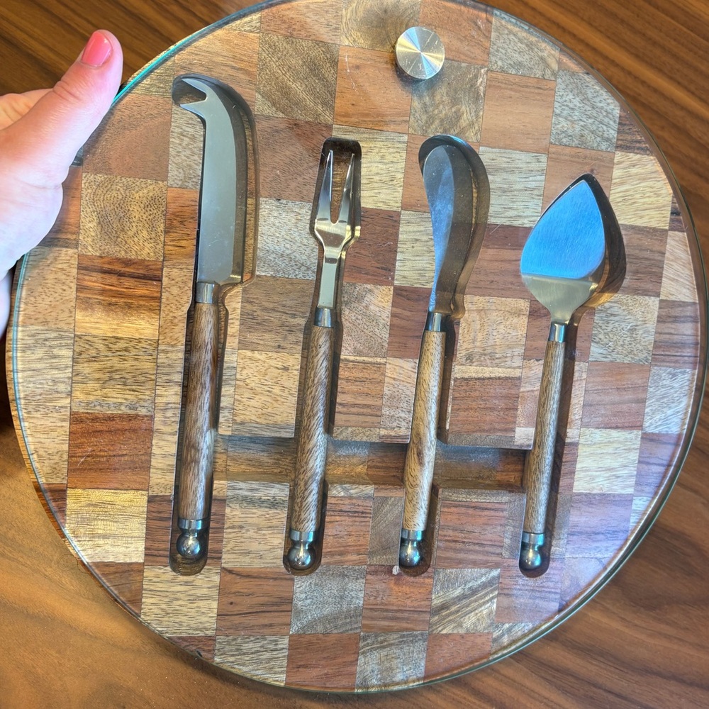 Cheese charcuterie board/serving board with cheese knives wood and glass